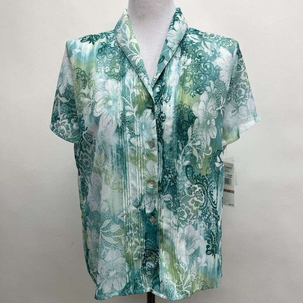 Alfred‎ Dunner Women's Top Size 12 Green White Multicolor Floral NWT